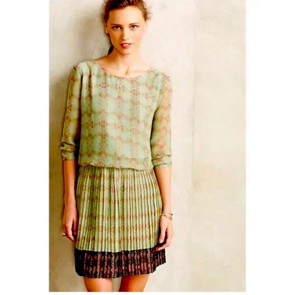 Anthropologie Lavand Minted Meadow Dress Pleated Semi Sheer Fairy Cottage Sz 4 - Picture 1 of 15